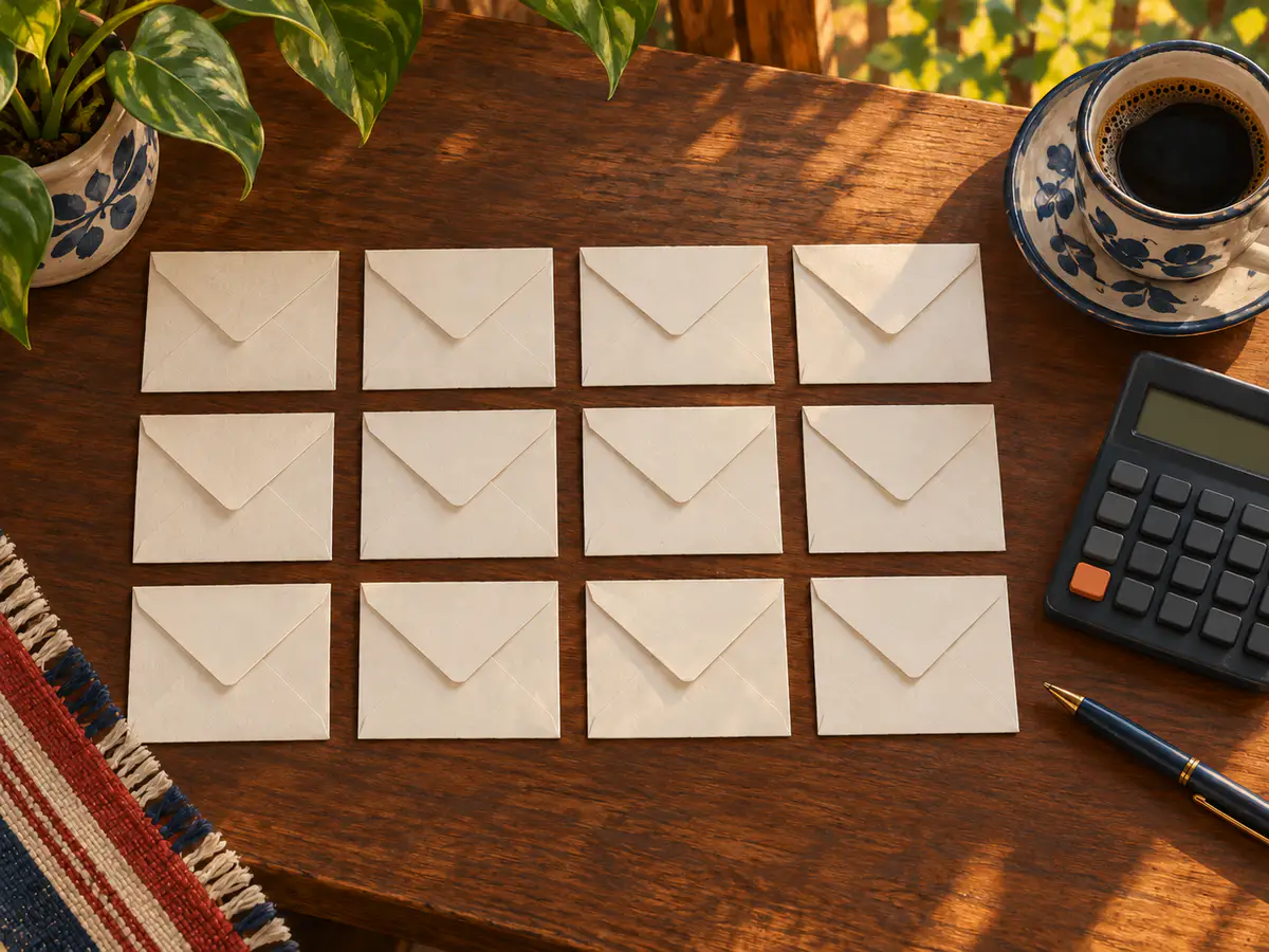 Doce sobres ordenados sobre un escritorio, una calculadora, un lapicero y una taza de café.