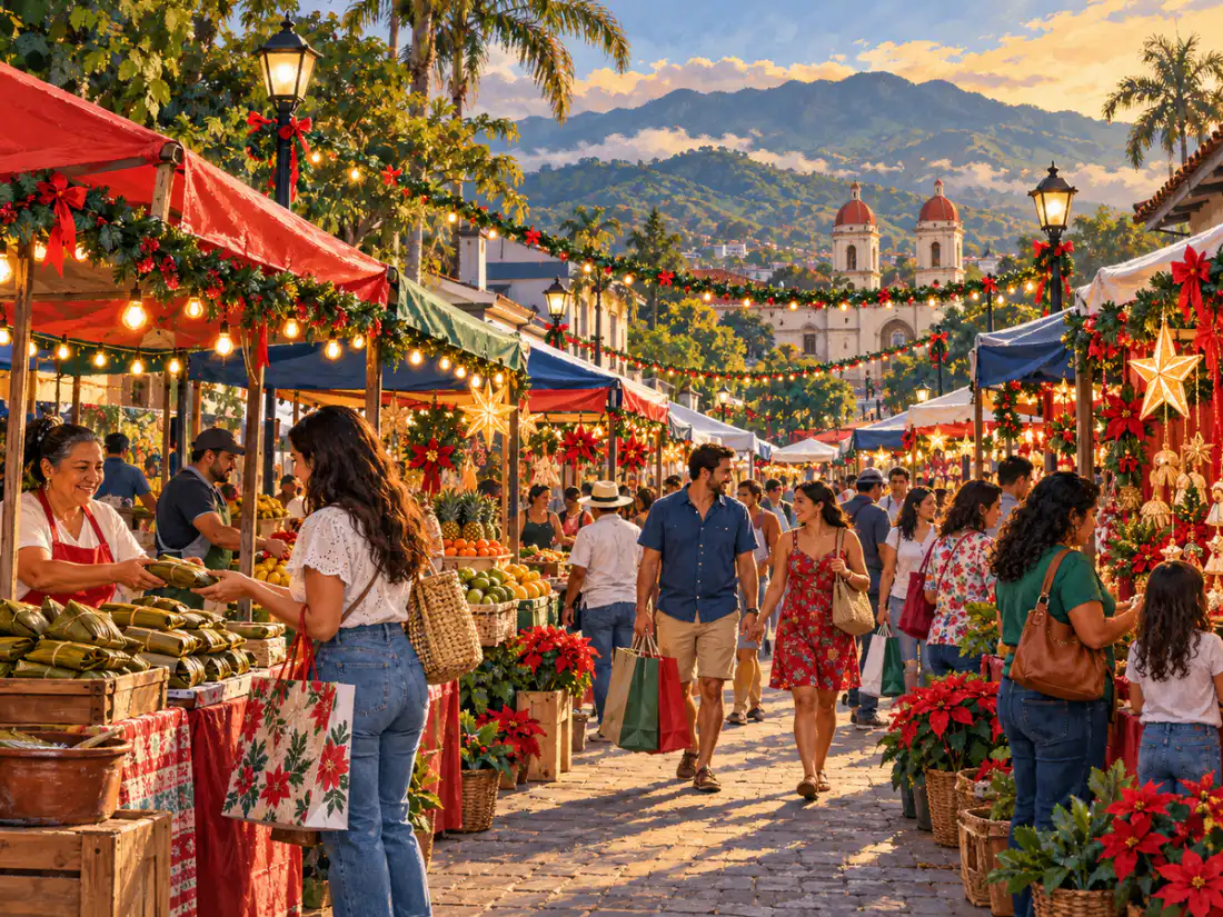 Mercado navideño en Costa Rica con puestos de tamales, frutas y adornos, y personas con bolsas de compras.