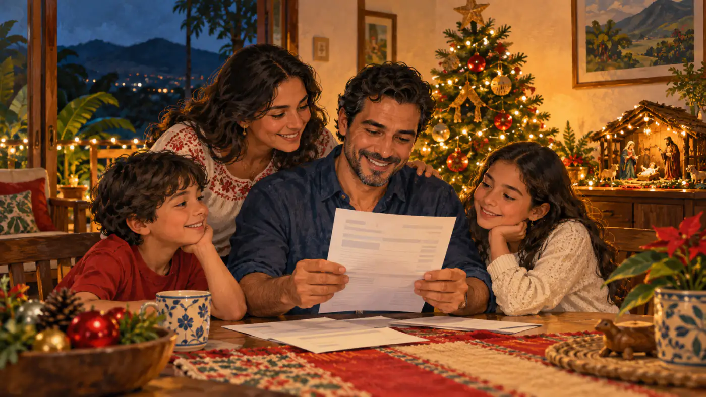 Familia costarricense en la sala decorada para Navidad; el papá revisa sonriente un comprobante de pago.