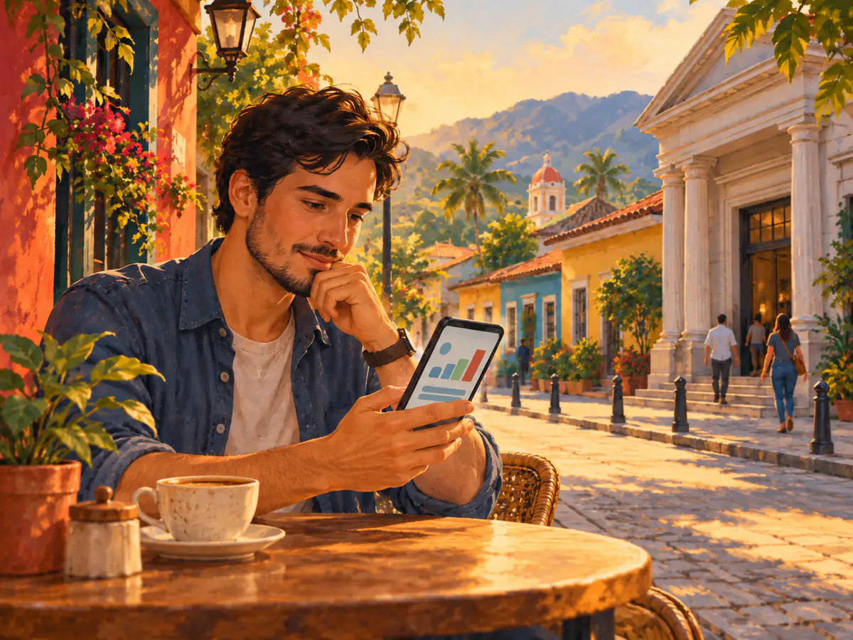 Hombre en una cafetería compara precios en su celular antes de ir al banco.