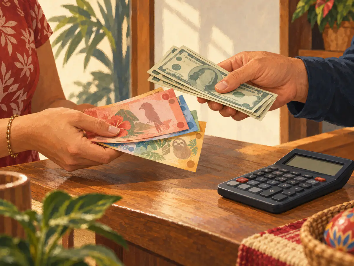 Una mano entrega dólares y otra recibe billetes de colones sobre un mostrador, junto a una calculadora.