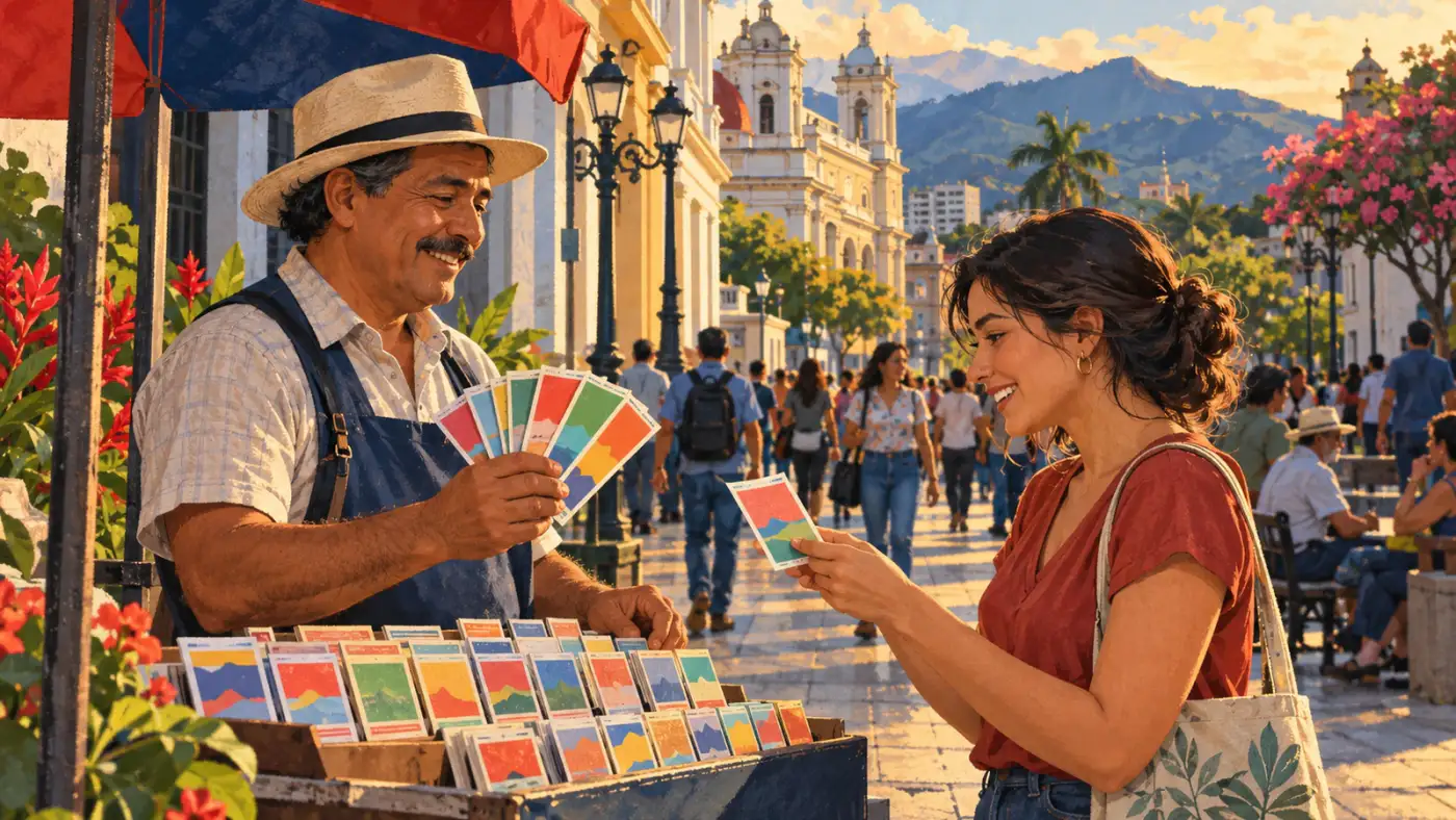 Vendedor de lotería en una calle de San José muestra fracciones de colores a una clienta.