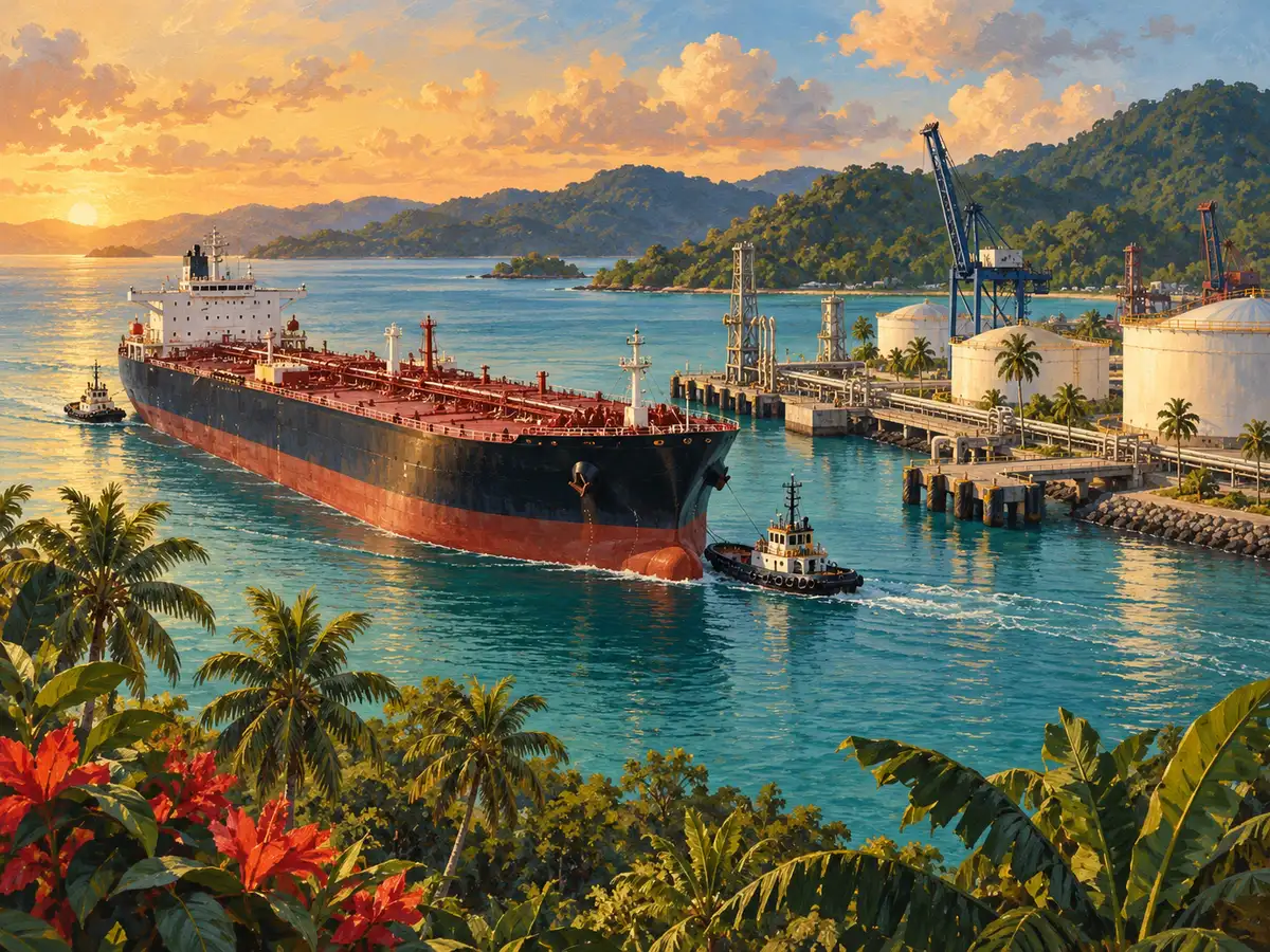 Barco tanquero llega a un puerto caribeño con tanques de almacenamiento y grúas en la costa.