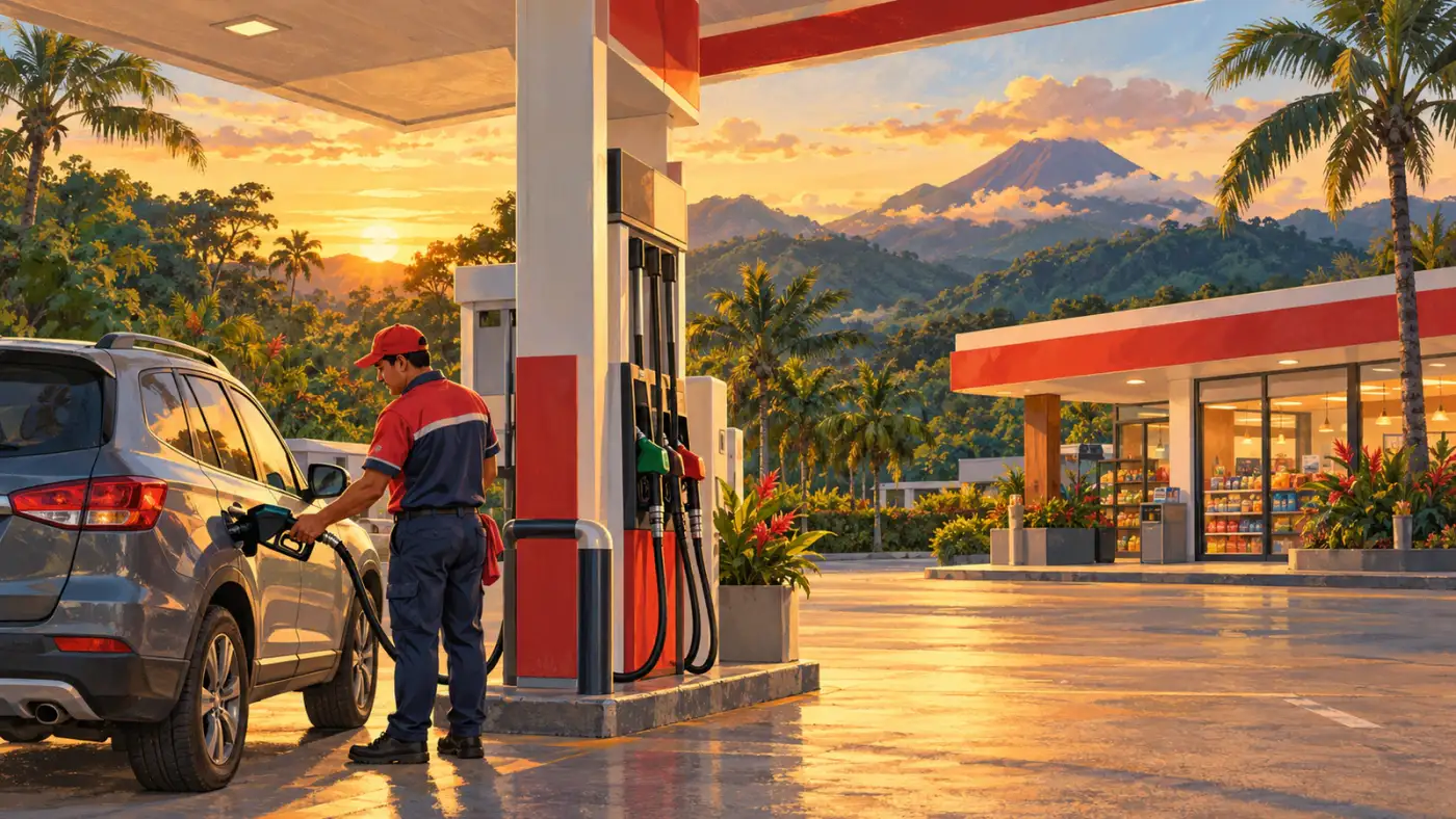 Estación de servicio en Costa Rica al atardecer: un bombero carga combustible a un carro, con montañas al fondo.