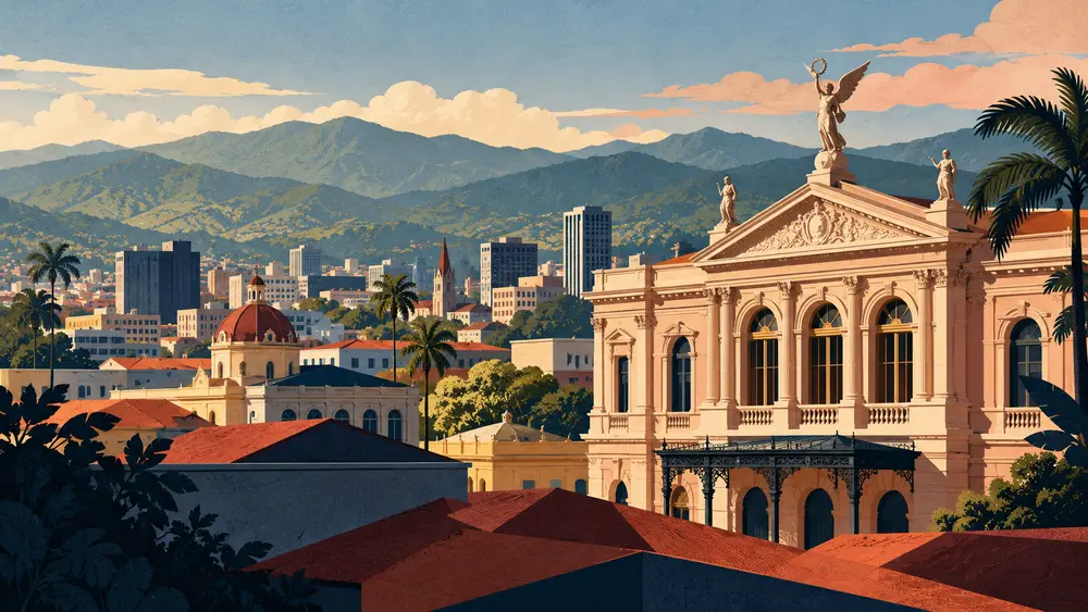 Ilustración del Valle Central: montañas y arquitectura de San José.
